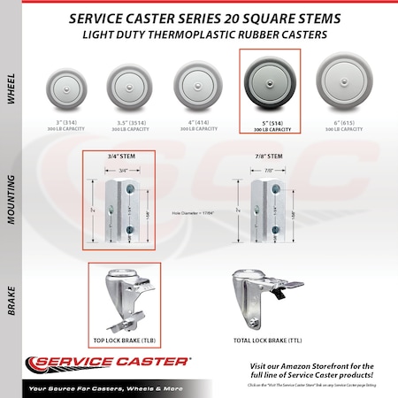 Service Caster 5 Inch Thermoplastic Rubber Swivel 3/4 Inch Square Stem Caster Brakes SCC, 2PK SCC-SQ20S514-TPRB-TLB-34-2-S-2